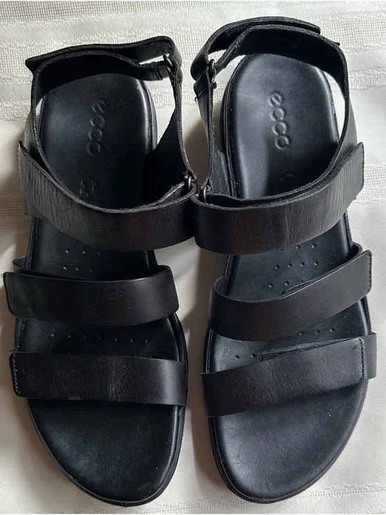 Ecco Black Triple-Strap Leather Sandals - Picture 3 of 12
